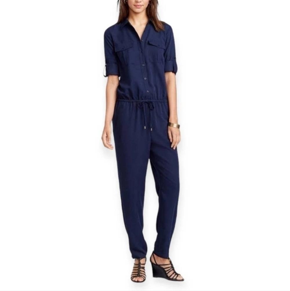 Ralph Lauren Navy Blue Long Sleeve Drawstring Button Down Pant Jumpsuit Size 8